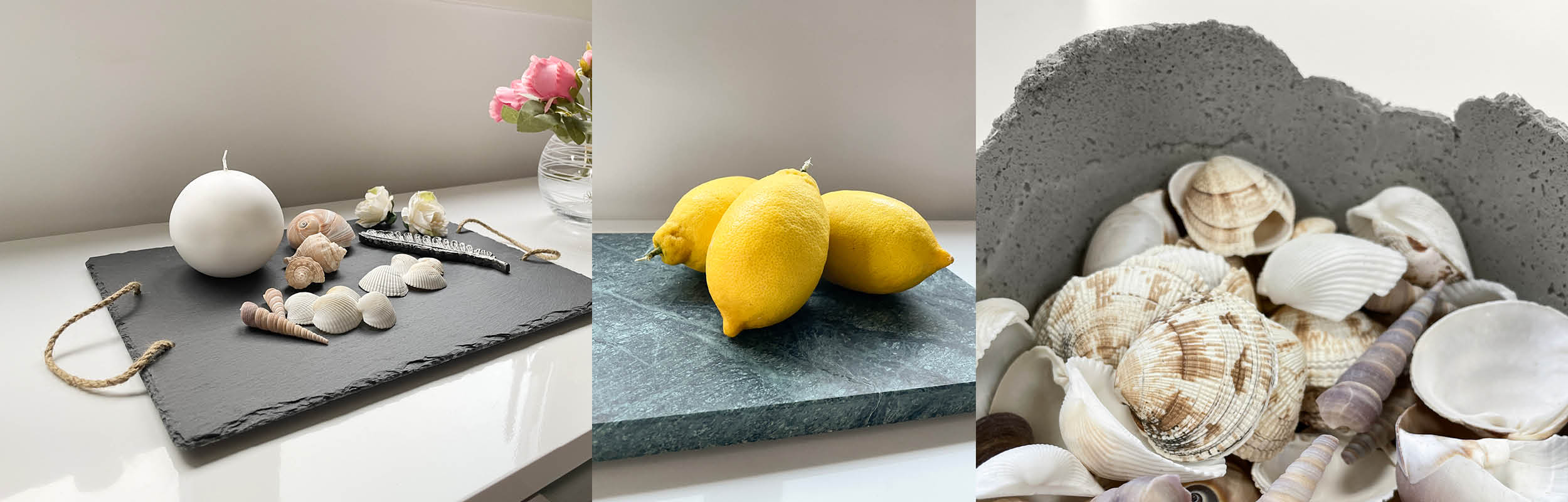 Tre bilder med brickor i svart skiffer och i grön marmor. Snäcker i närbild.